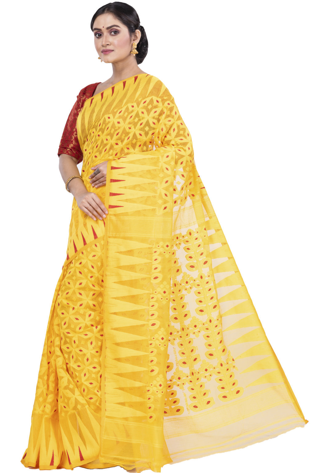 Yellow Pure Cotton Minakari_Jmdni Jamdani Saree (693)